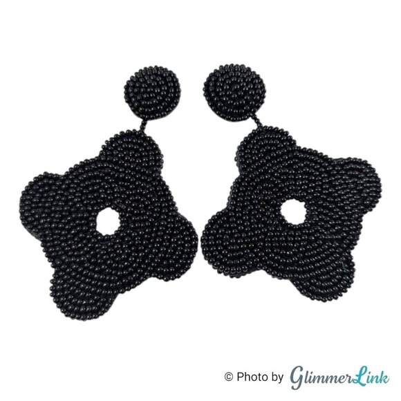 Kenneth Jay Lane KJL Black Seed Bead Fine Detail Gold Tone Pierced Earrings - Picture 1 of 8